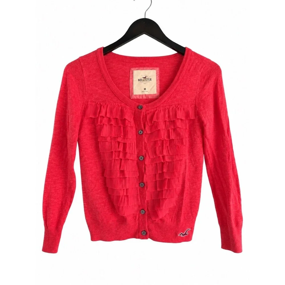 Hollister Coral Pink Ruffle Cardigan Y2K Sweater Women’s Size Medium
